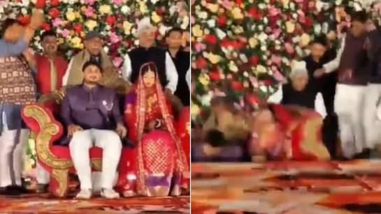 दूल्हा-दुल्हन को आशीर्वाद देने पहुंचे BJP जिलाध्यक्ष तभी मंच ने दे दिया जवाब! भर-भराकर गिरे सभी लोग, देखिए Video