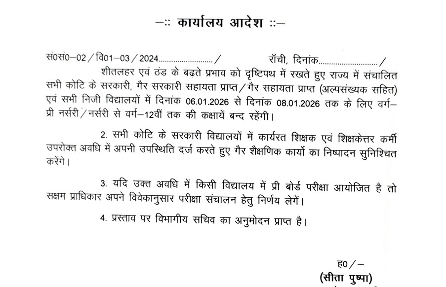 BREAKING: कड़ाके की ठंड का कहर! 6 से 8 जनवरी तक राज्य के सभी स्कूल बंद, आदेश जारी